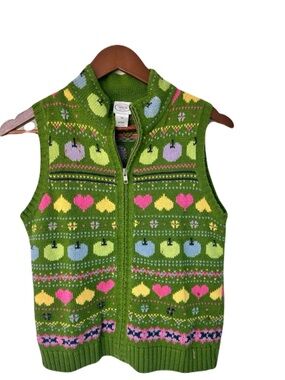 Talbots Kids Green Knit Zip Vest with Colorful Apple & Heart Motif